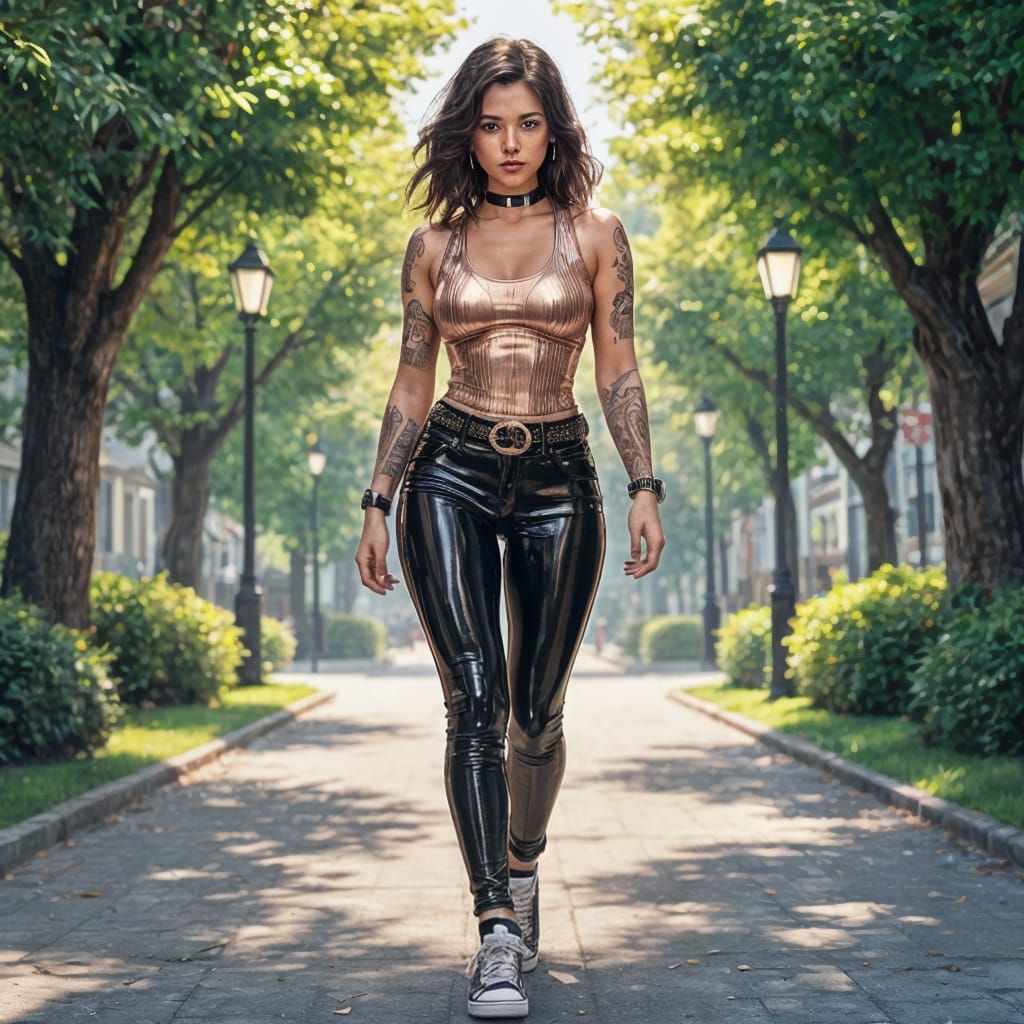 Anime Style Woman in Rose Gold Latex Outfit