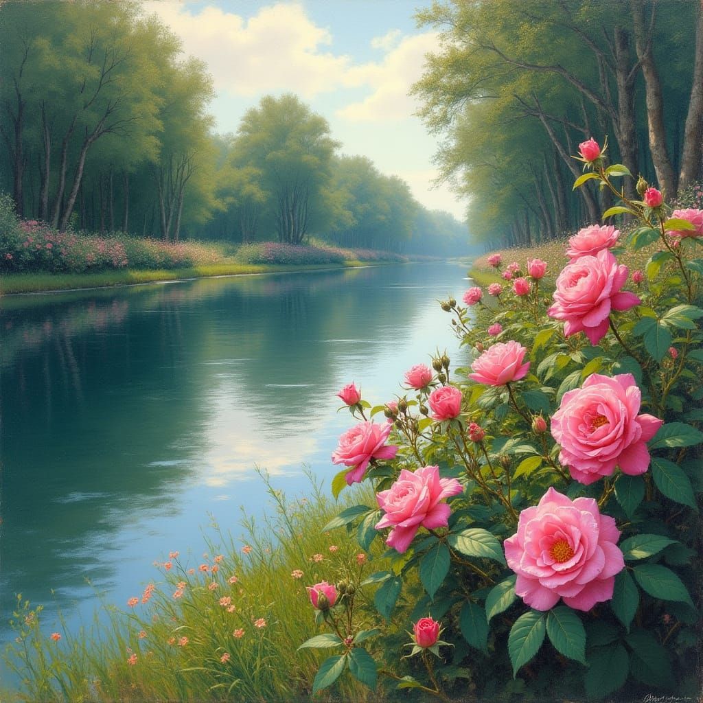 Impressionistic River Scene with Rose Bushes