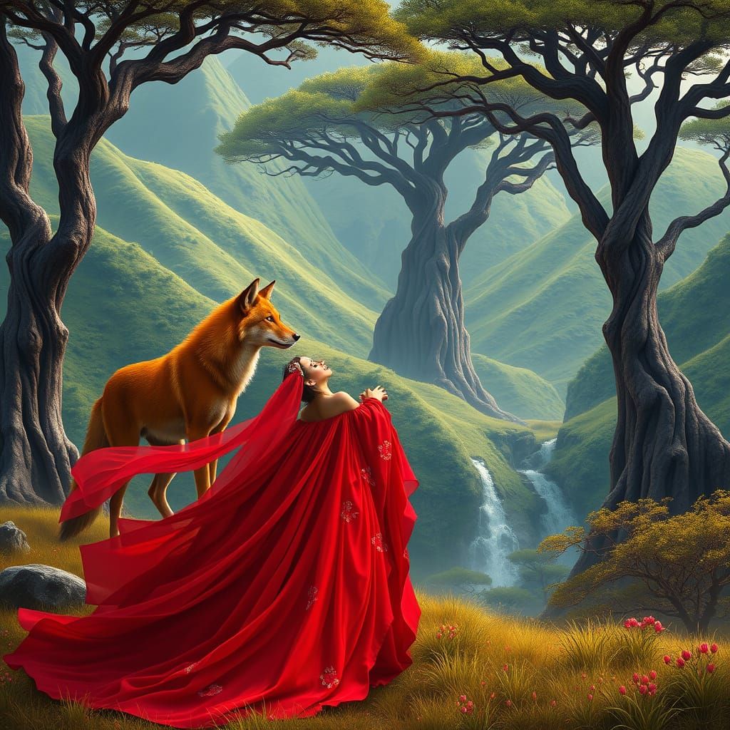 Regal Princess Amidst African Savanna with Red Ethiopian Wol...