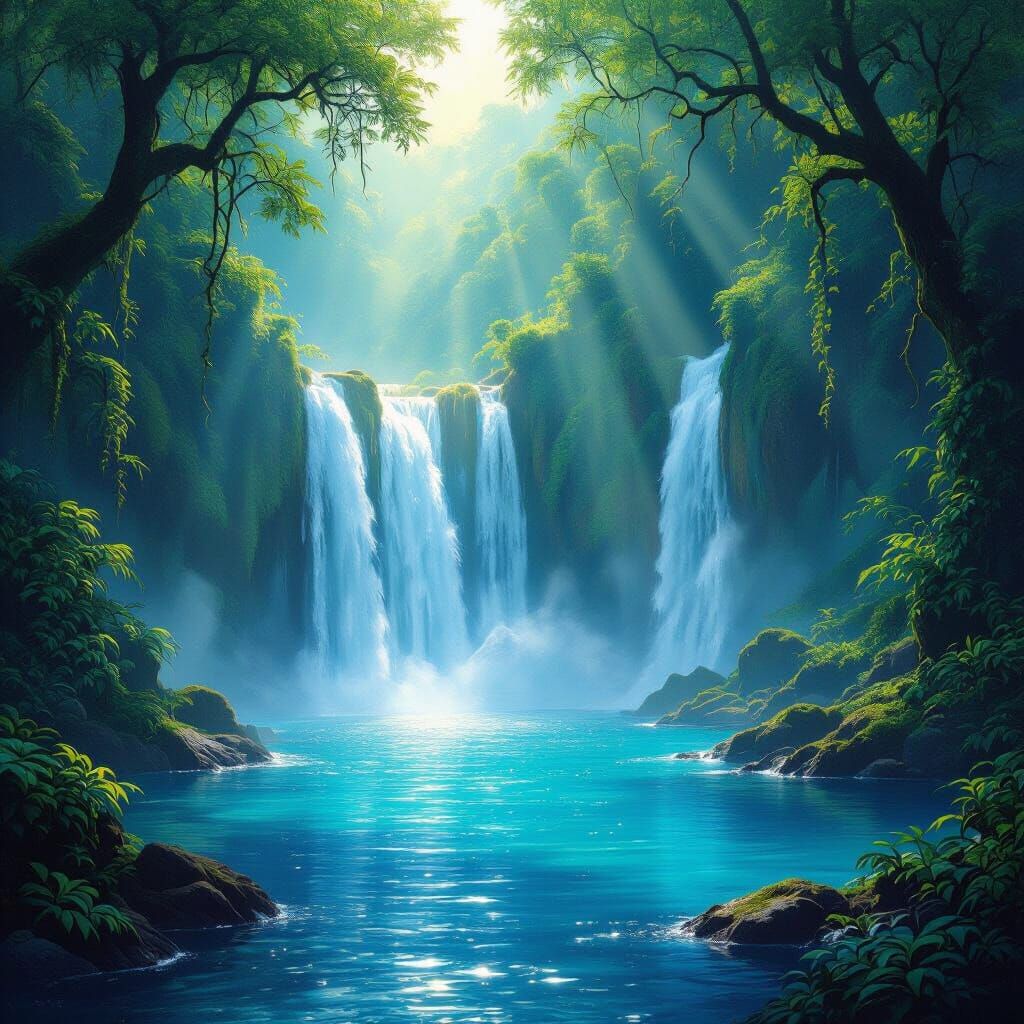 Majestic Waterfall in Ancient Forest