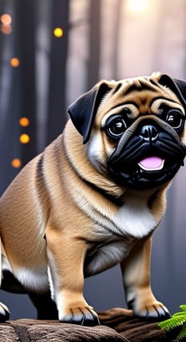 Hyperrealistic Scared Baby Pug in Dark Forest
