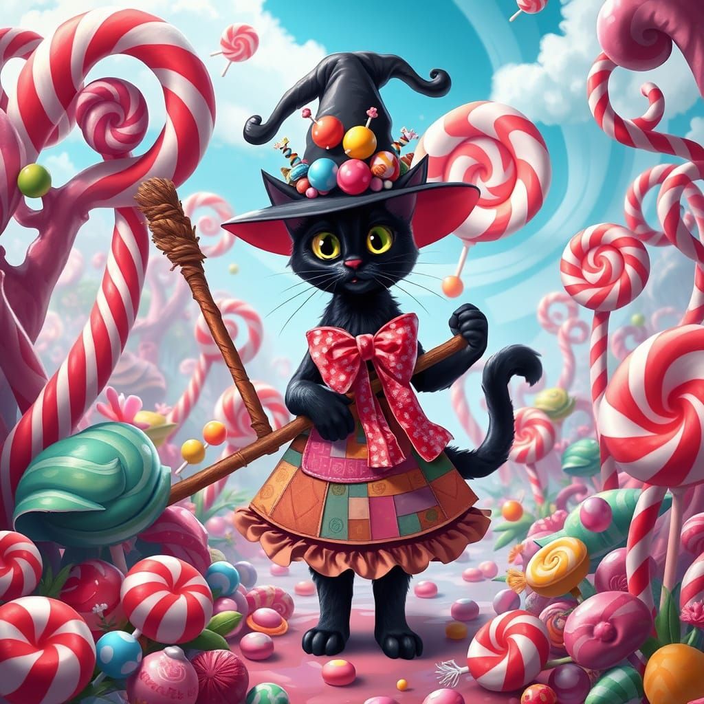 Fanciful Cat Witch Conjured in Candyland Wonderland