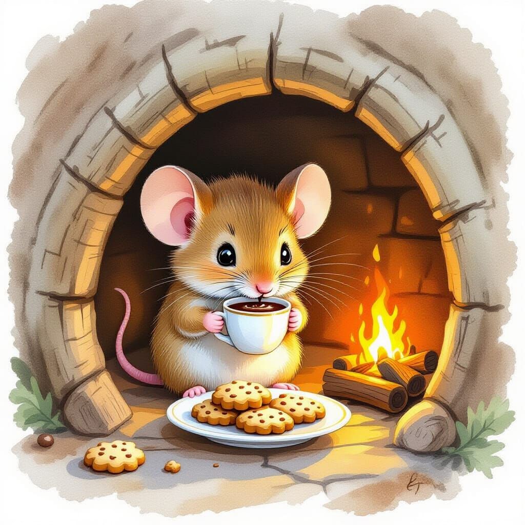Cute Mouse in Hollow Log House with Cookies