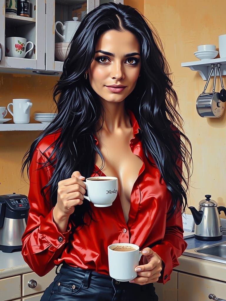 Woman with Coffee in Kitchen, Oil Painting