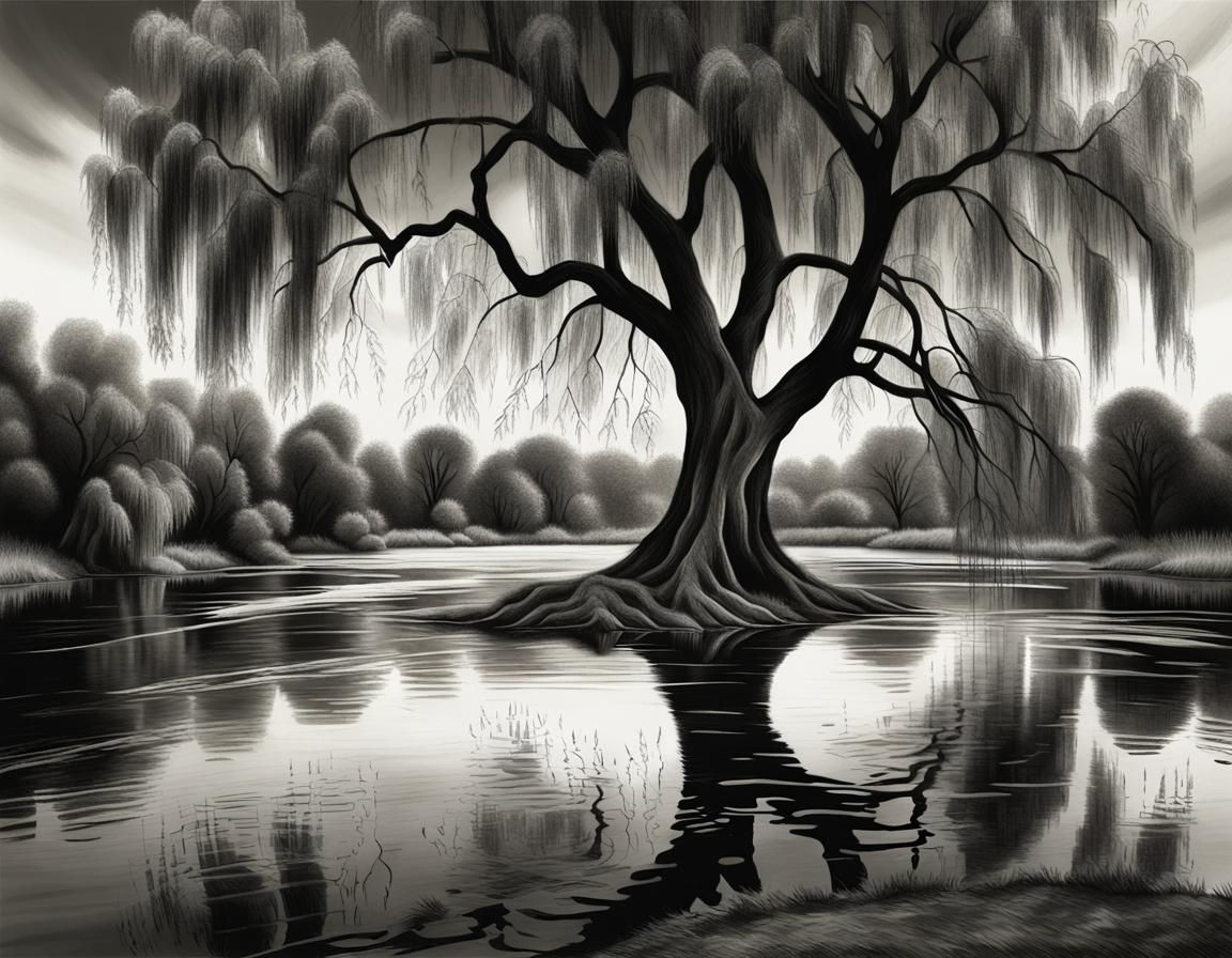 Dramatic Weeping Willow Charcoal Landscape