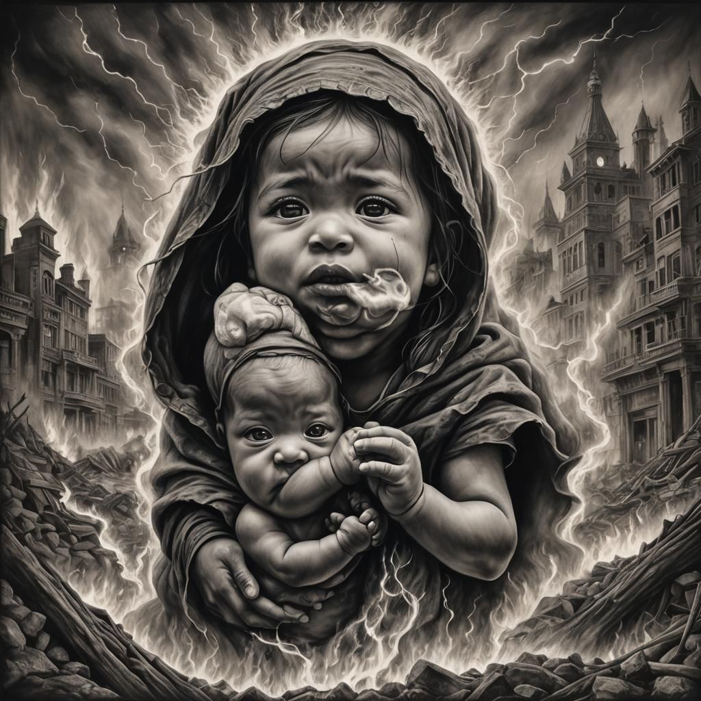 Charcoal Drawing of a Baby Born in Firestorm