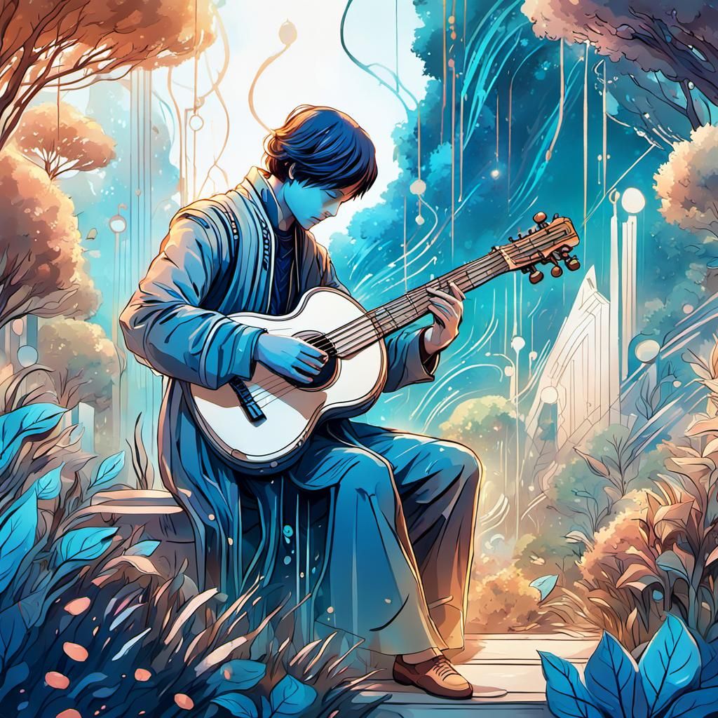 Ethereal Musician in Futuristic Garden Concept Art