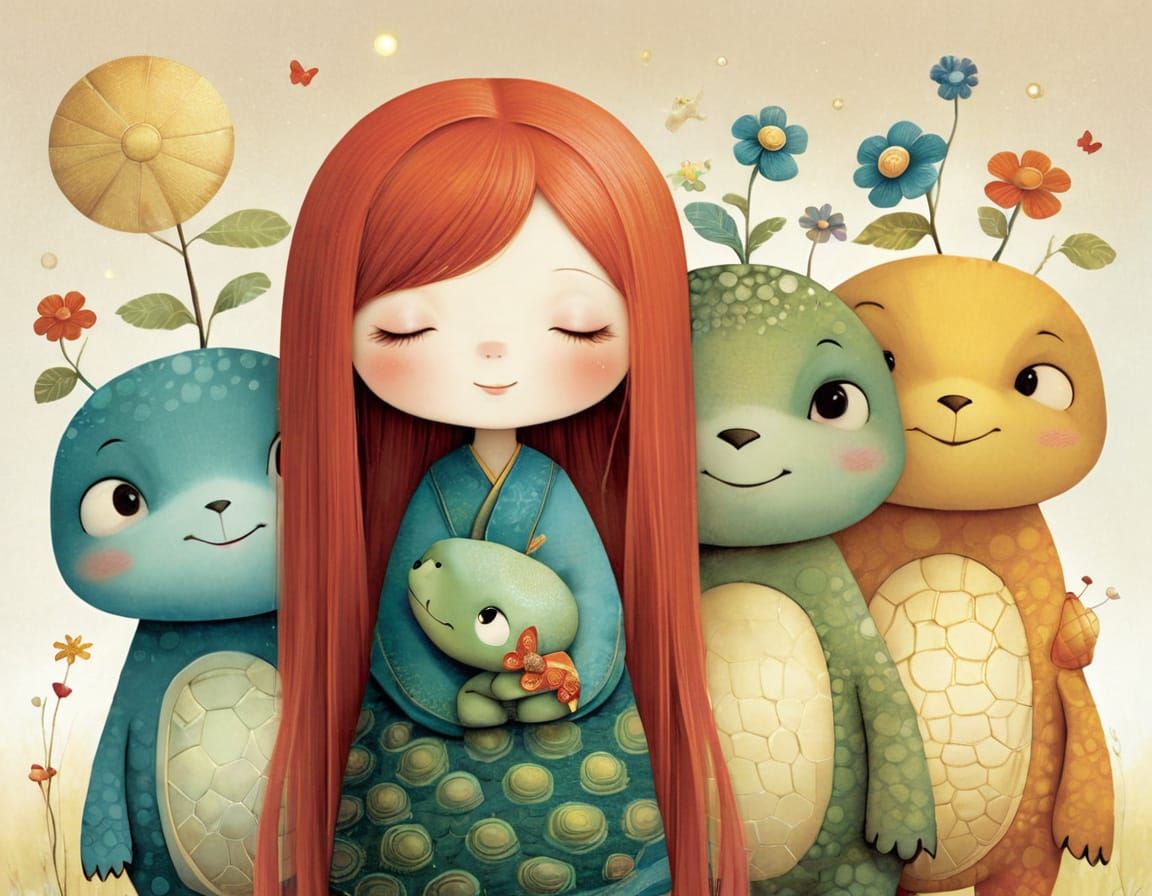 Singing Turtle Whimsical Folk Art Illustration