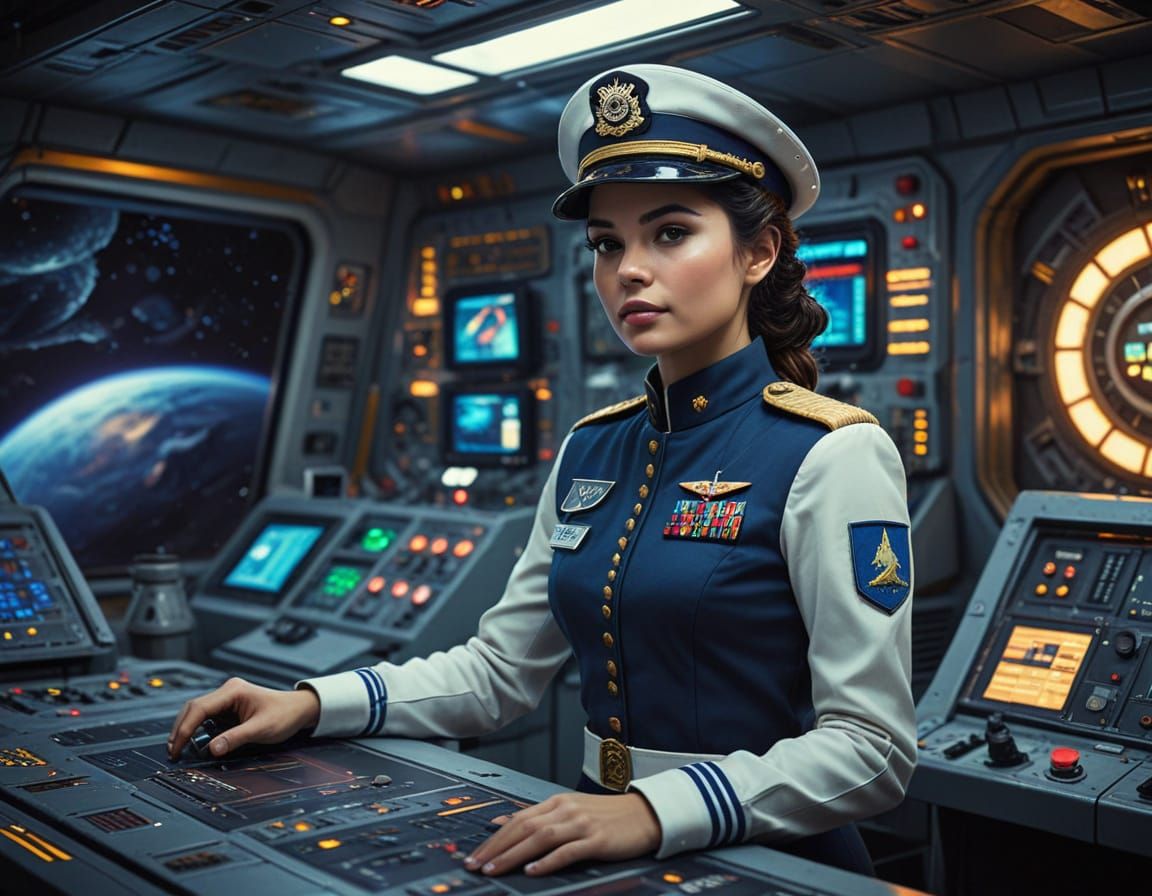 Guatemalan Space Navy Officer on Starship Bridge as Oil Pain...