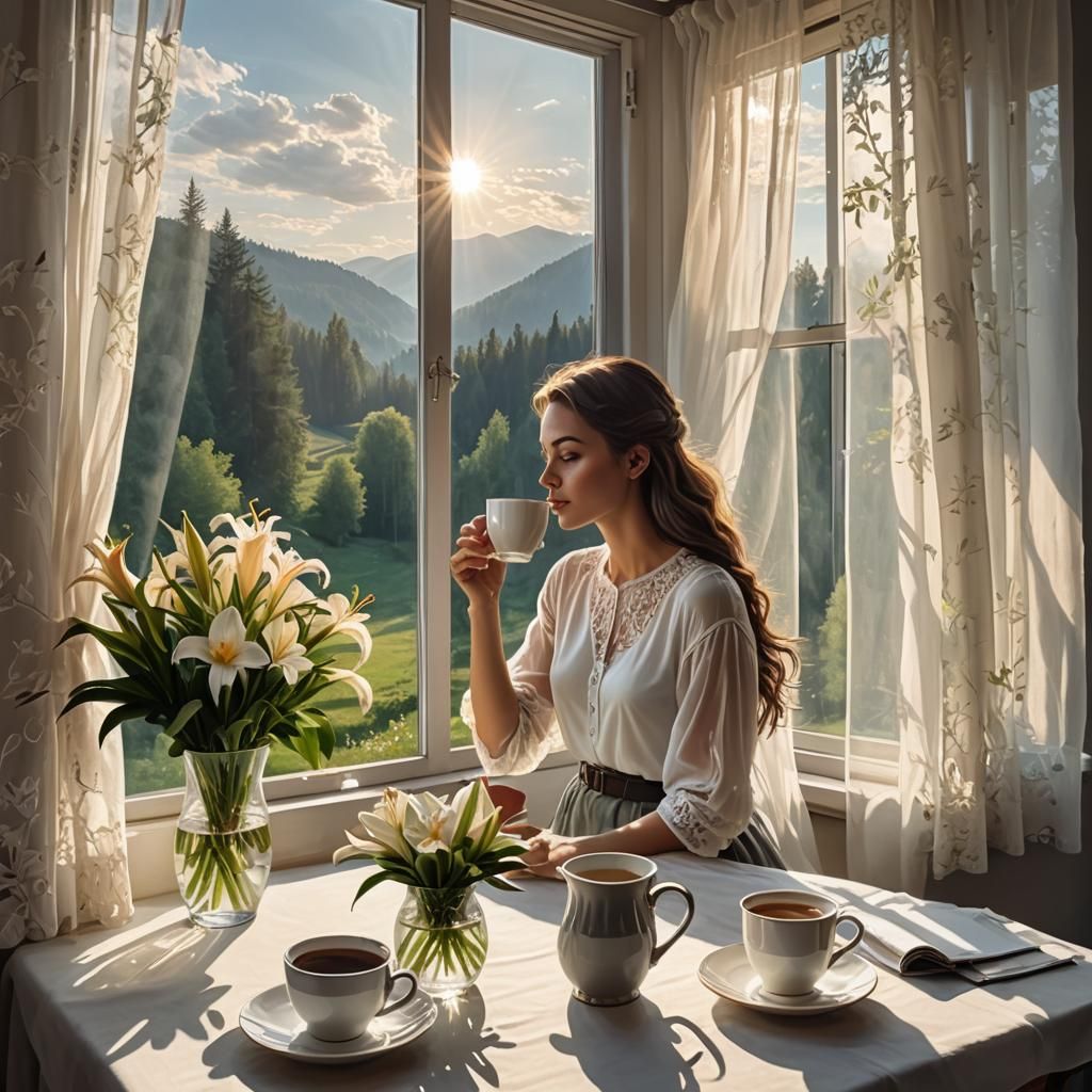 Girl, Lilies, and Coffee: Ethereal Summer Landscape