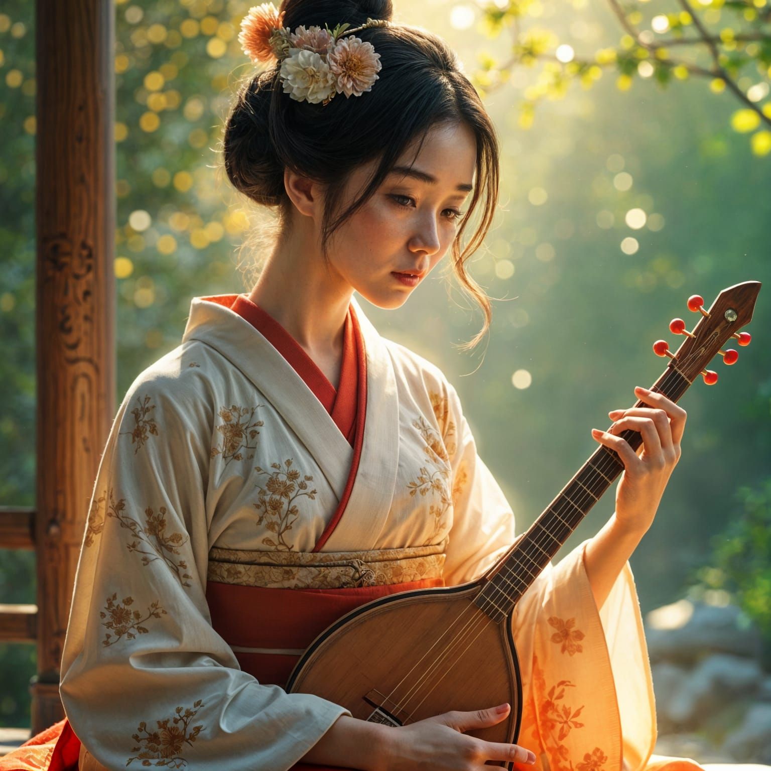 Geisha with Shamisen in Tranquil Garden: Impressionist Style