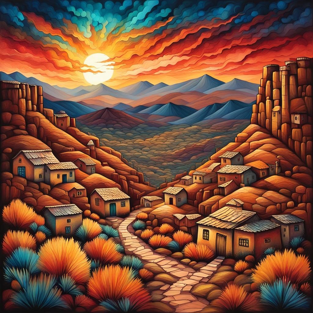 Adobe Village Sunrise in Impasto Alcohol Ink Style