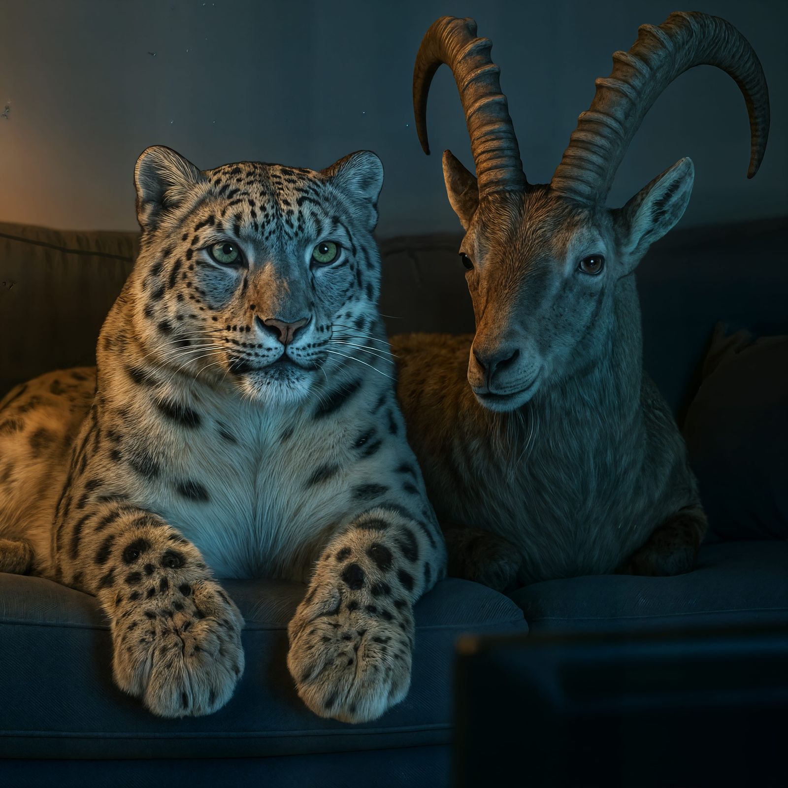 Snow Leopard and Goat Watch TV on Couch