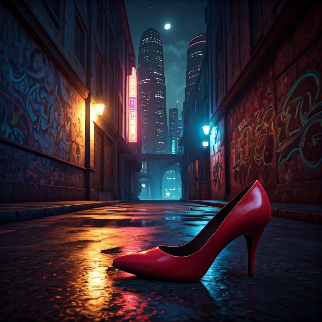 Crimson High Heel in Neon City Alley: Matte Painting