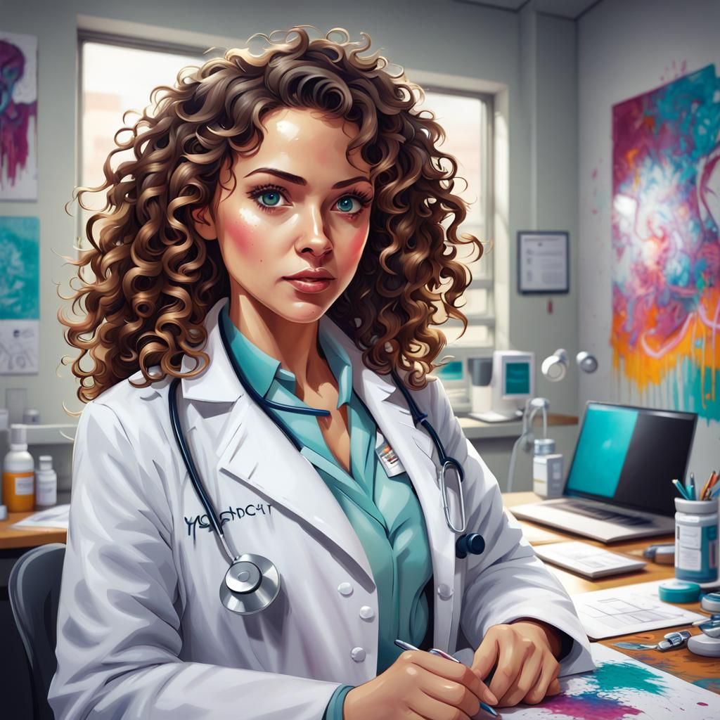 Brunette Doctor in Medical Office, Graffiti Art Style