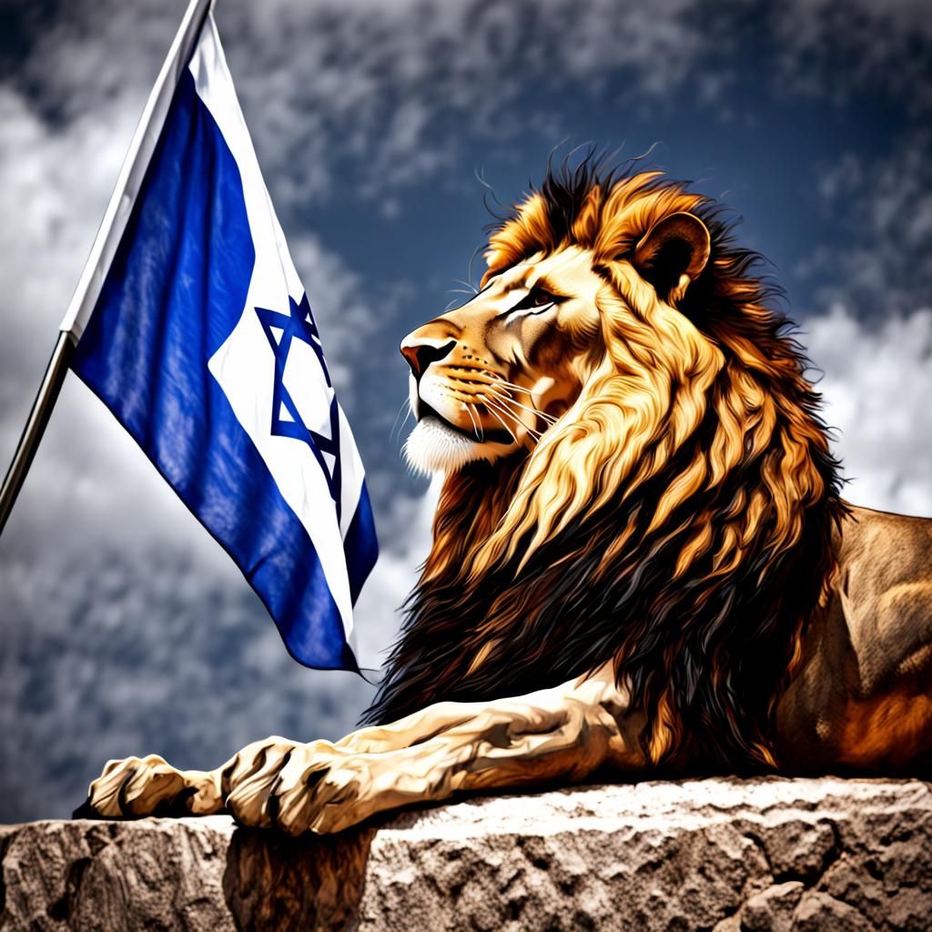 Lion and Israel Flag in Hyperrealistic Style