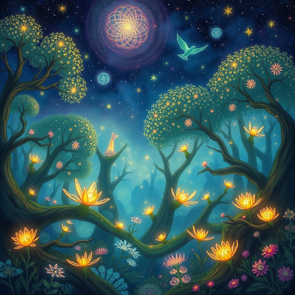 Whimsical Dreamlike Forest Scene in Vibrant Starry Night