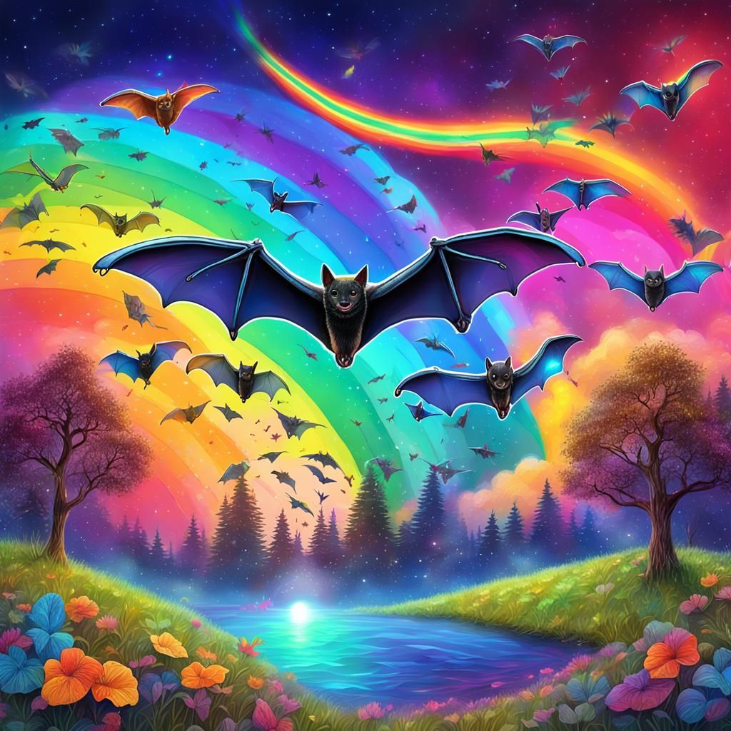 Bats Flying Before Rainbow: Cosmic Illustration