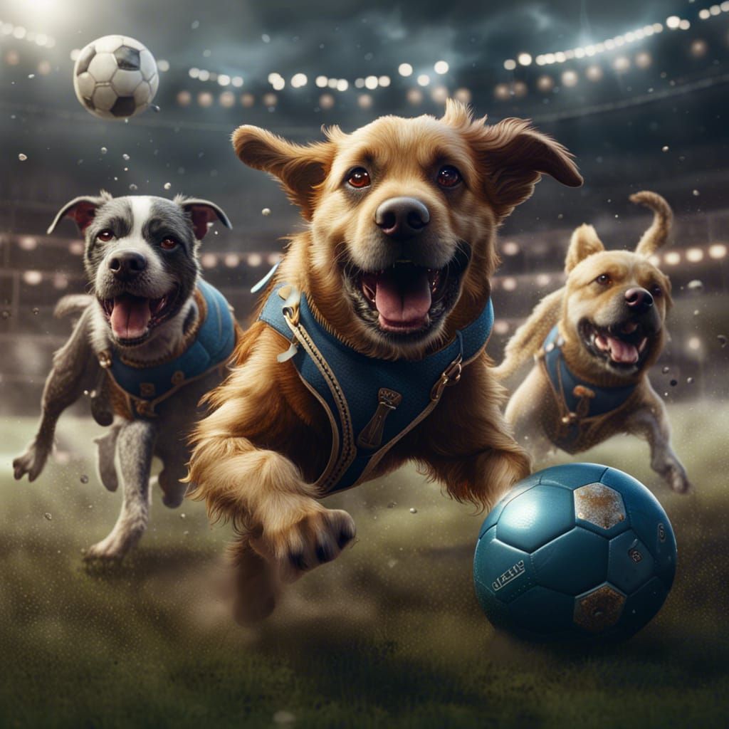 Dogs Playing Football in Detailed Fantasy Art