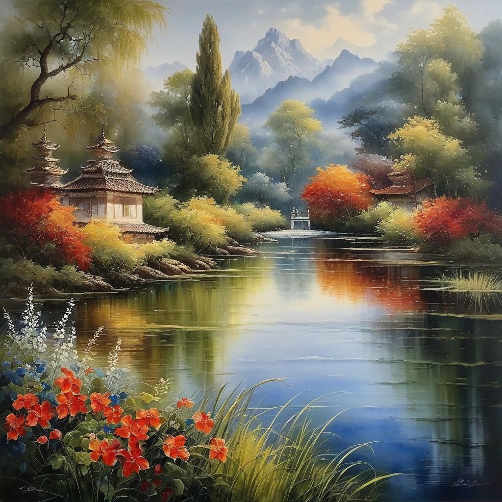 Romantic Surreal Landscape in Watercolor Oil Paint