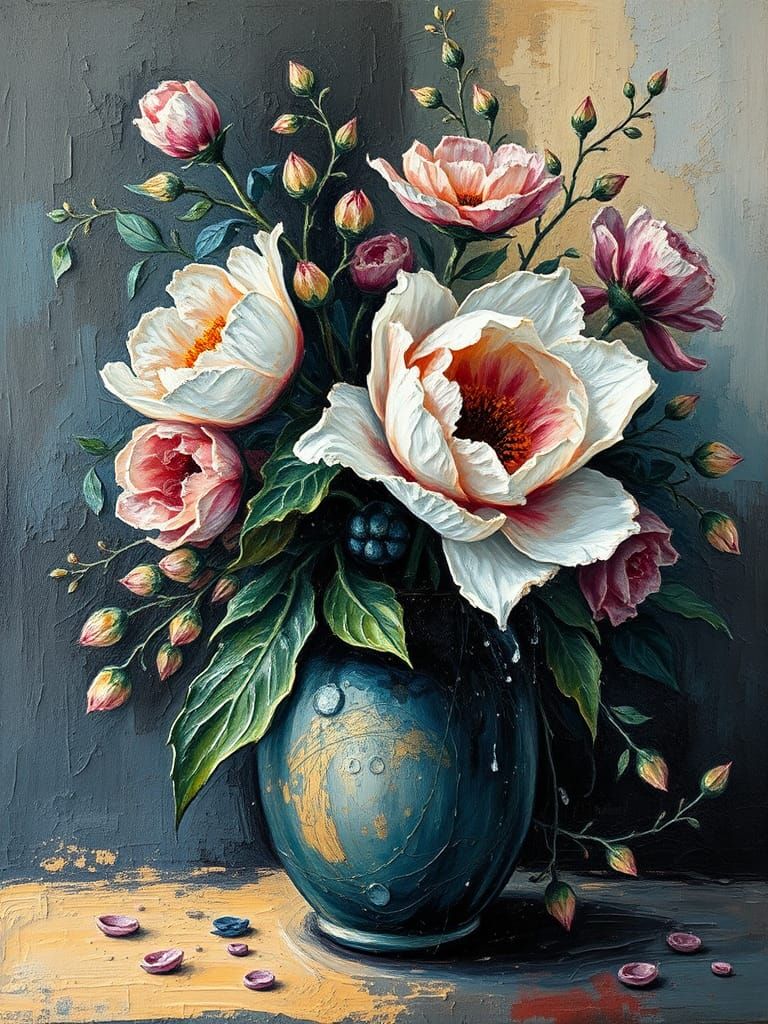 Abstract Floral Still Life in Impasto Oil Painting