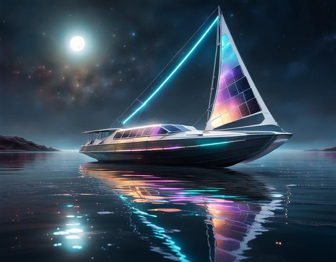 Interstellar boat, futuristic boat with space age solar panel sails. Starry seas. Mirror sails with reflections, stars, ...