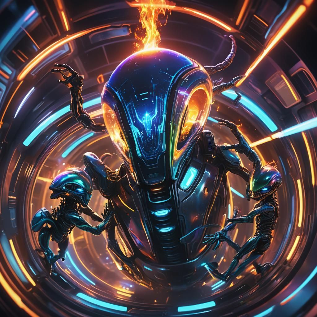 Neon Aliens Drinking Plasma in Space Capsule