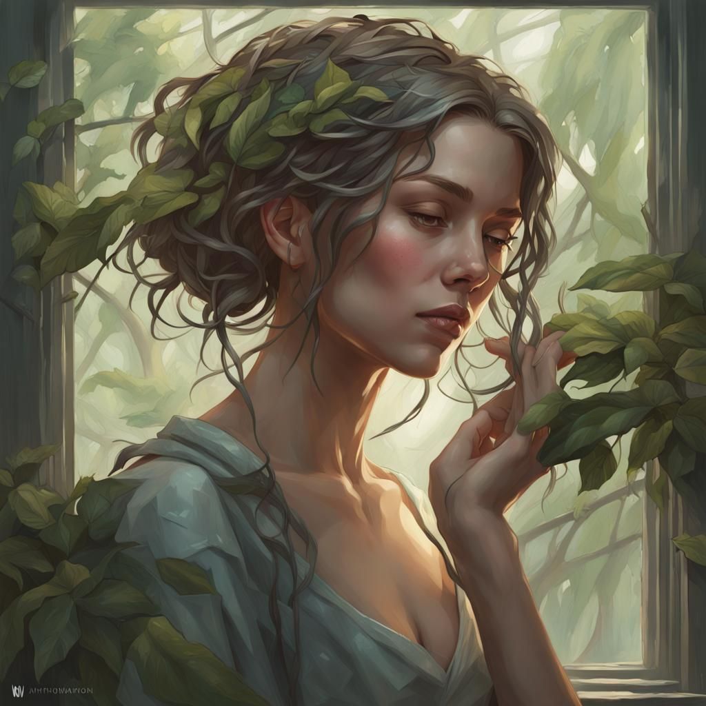 Girl of Vines Reading in Rainy Forest