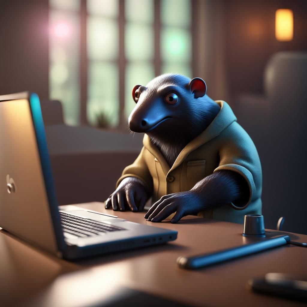 Mole Working on Laptop with Ray Tracing in 8k