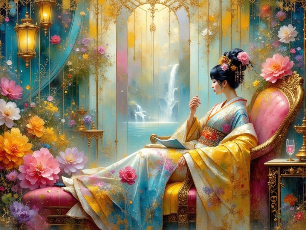 Geisha in Pastel Gown by Waterfall: Digital Art