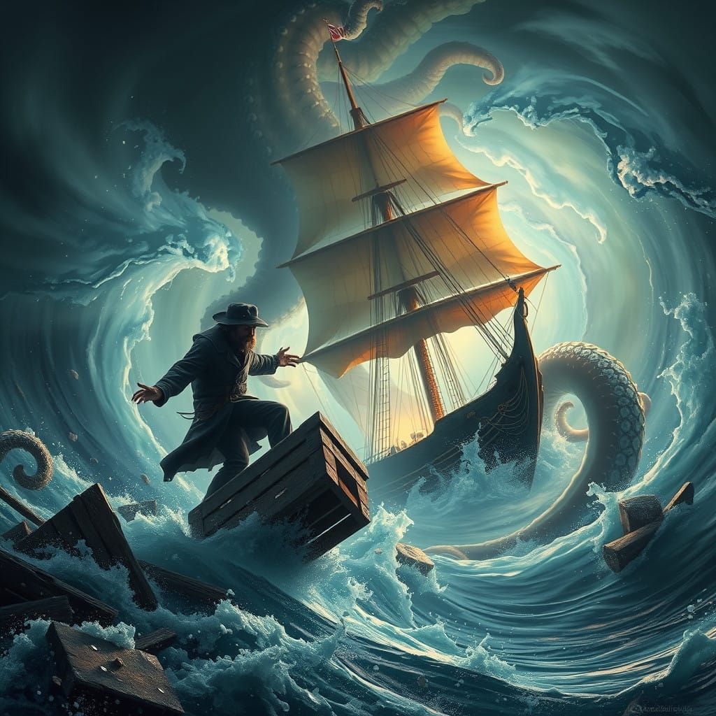 Majestic Sailboat Engulfed by a Mythical Kraken in a Turbule...