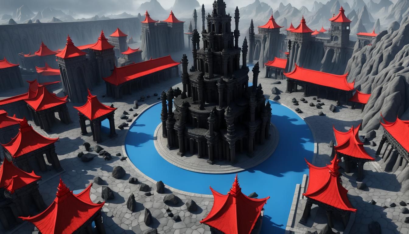 Dark Stone City with Red Marble Statues