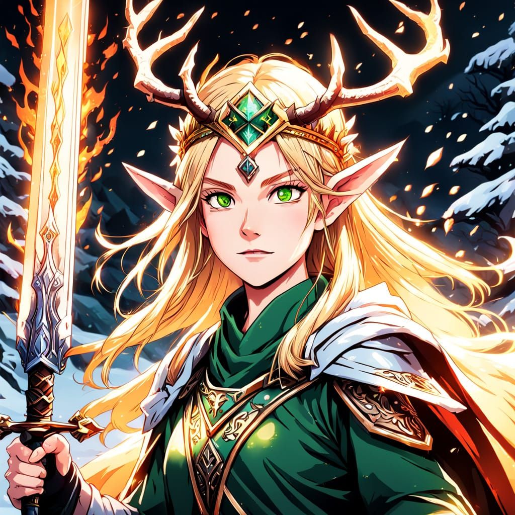 In winter, a beautiful female wood elf with blonde hair and ...