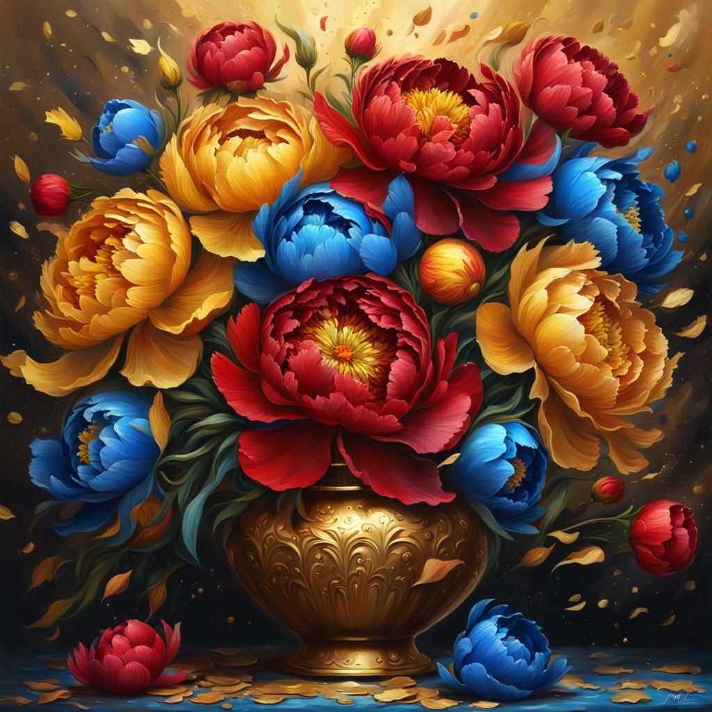 Peonies in Golden Vase as Impasto Oil Painting