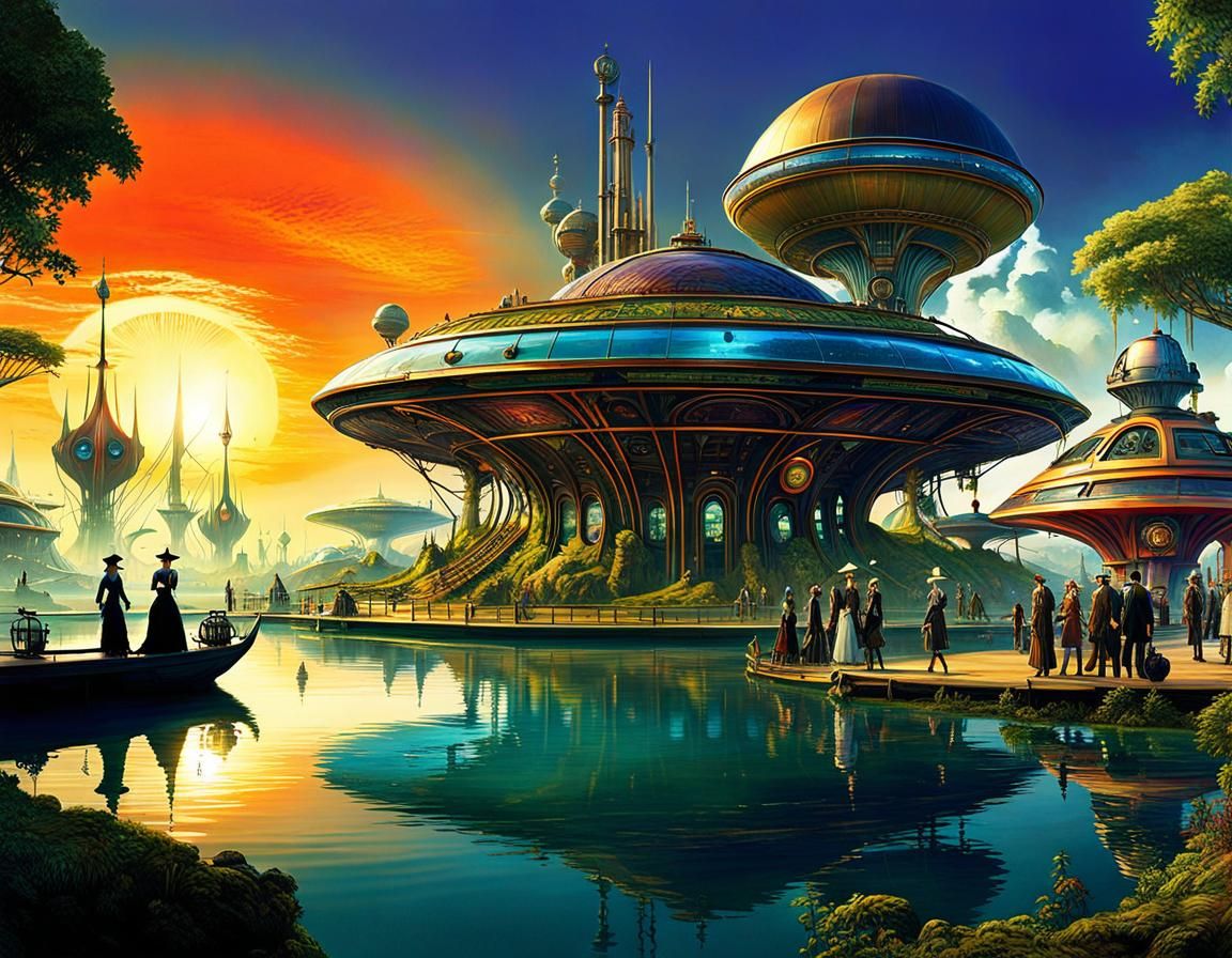 people1920´s fashion and steampunk walking alien park .apocaliptic atmosphere steampunk structures landscape island s...