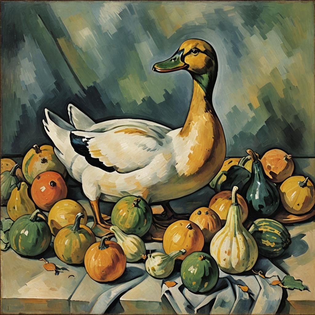 Duck and Gourds Still Life in Cezanne Style