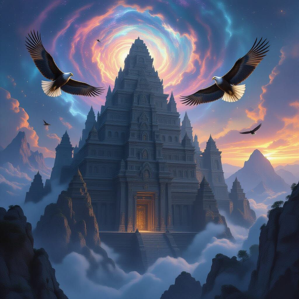 Ancient Mountain Temple Complex Under Nebula Sky