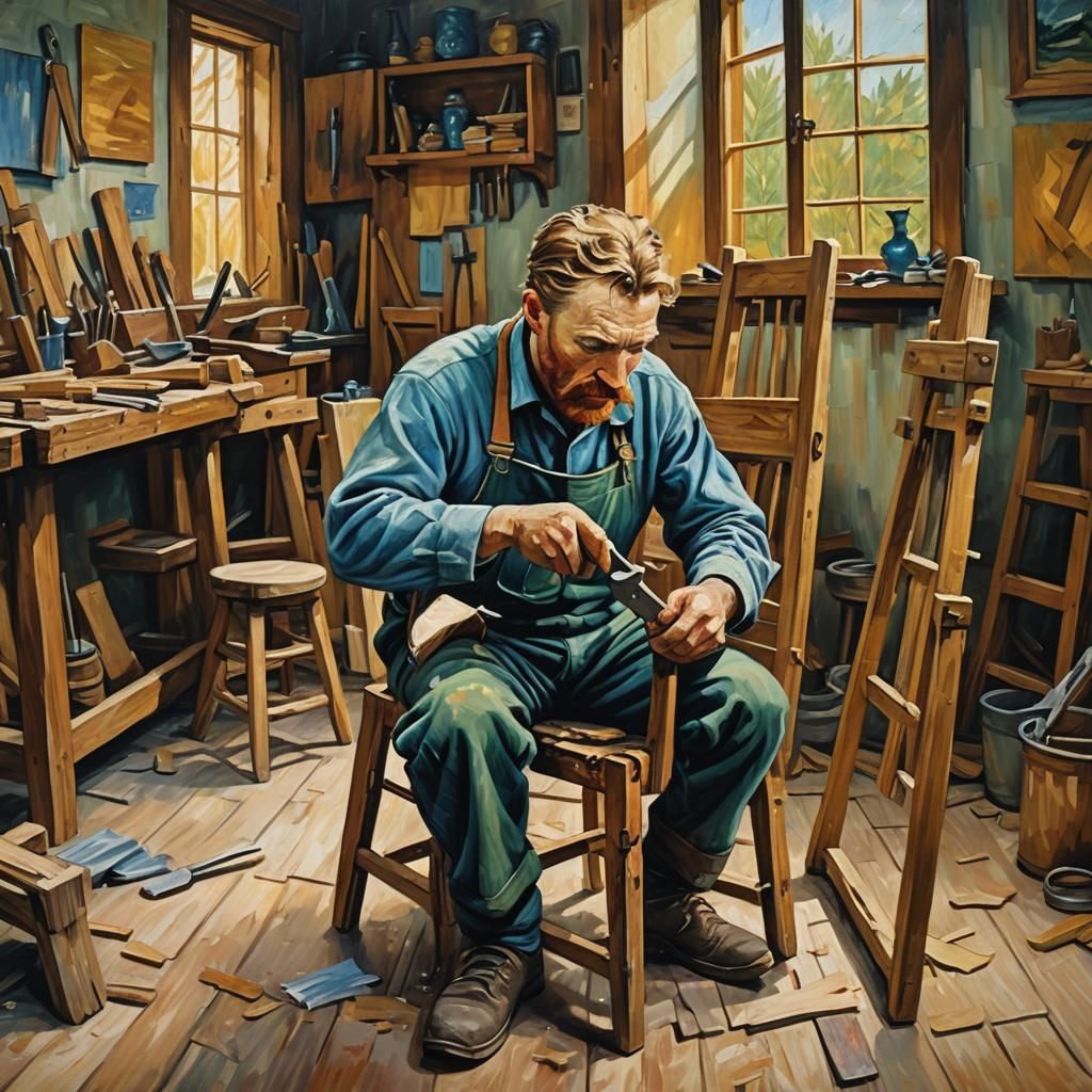 Carpenter at Work: Expressionist Oil Painting