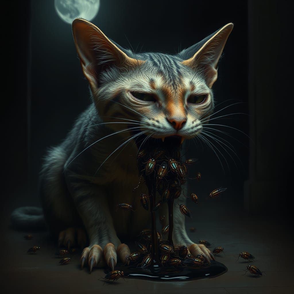 Emaciated Cat Coughing Up Hairball in Dark Art Style