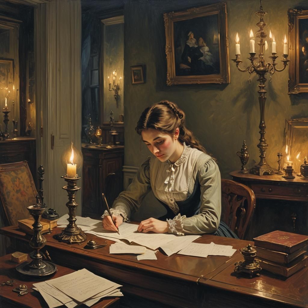 Victorian Woman Writing, Candlelit Oil Painting