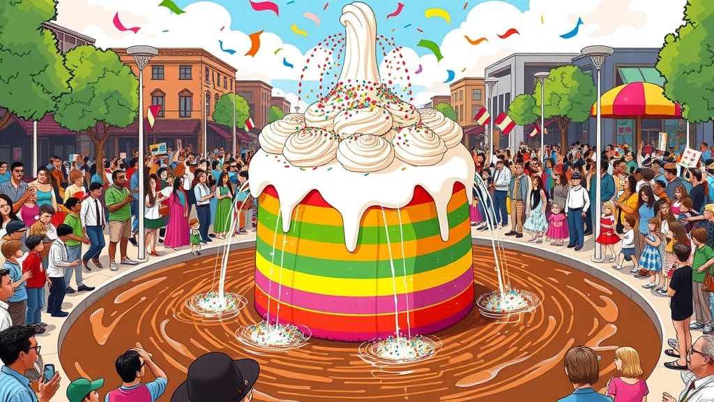 Rainbow Cake Fountain in Cartoon Style