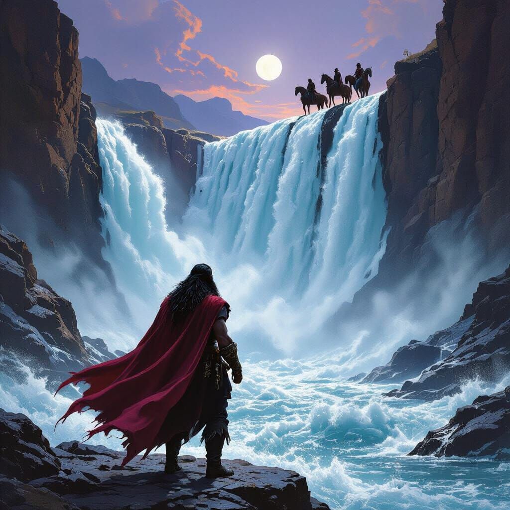 Crimson Rider in Turbulent Canyon, Frazetta Style