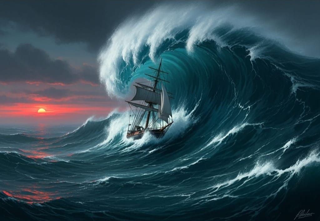 Dramatic Seascape: Boat in Stormy Teal Sea