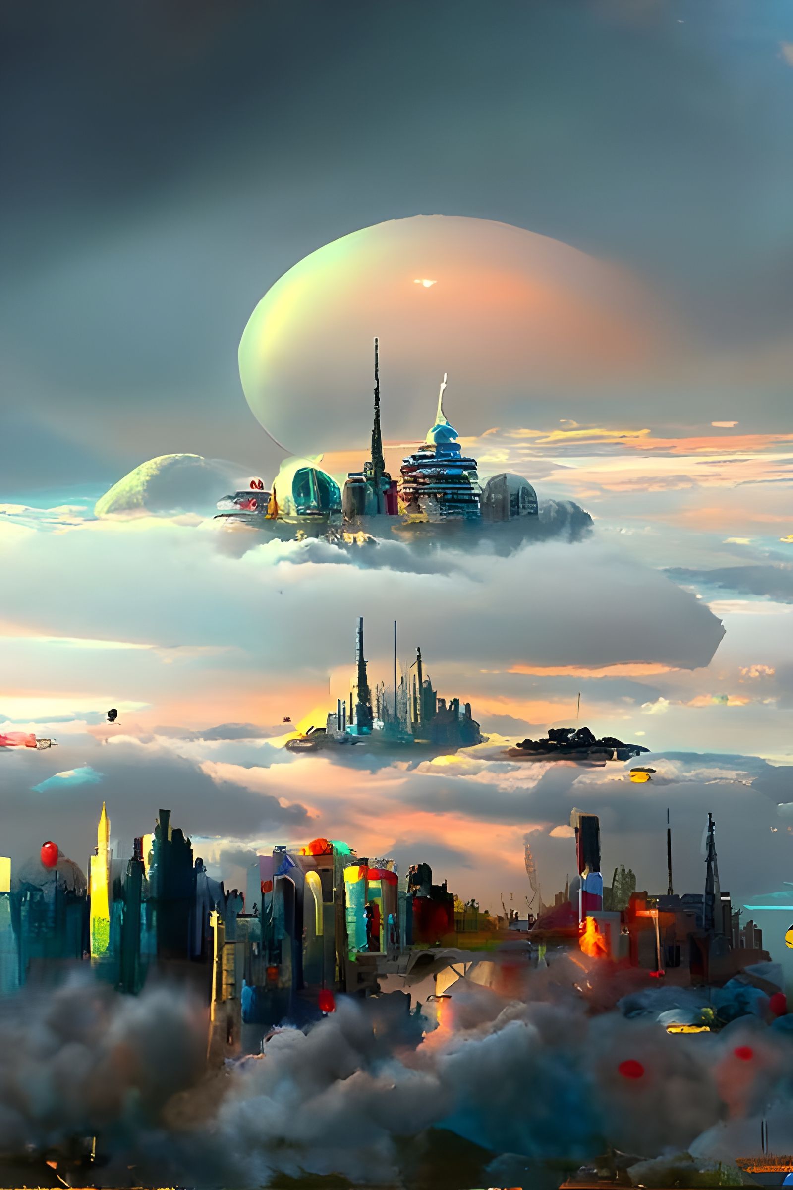 Retrofuturistic City Floating in Starry Sunset