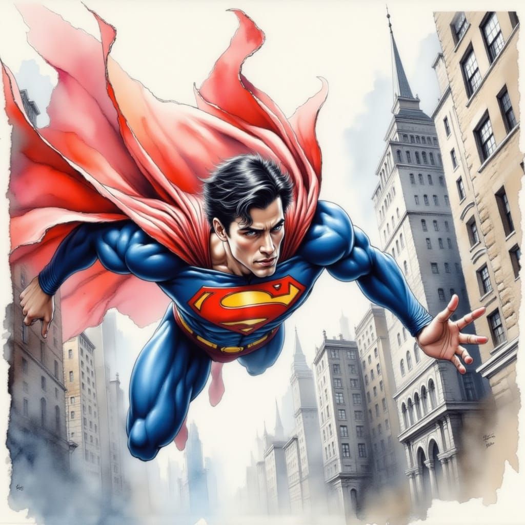 Watercolor Superman Portrait in Flight