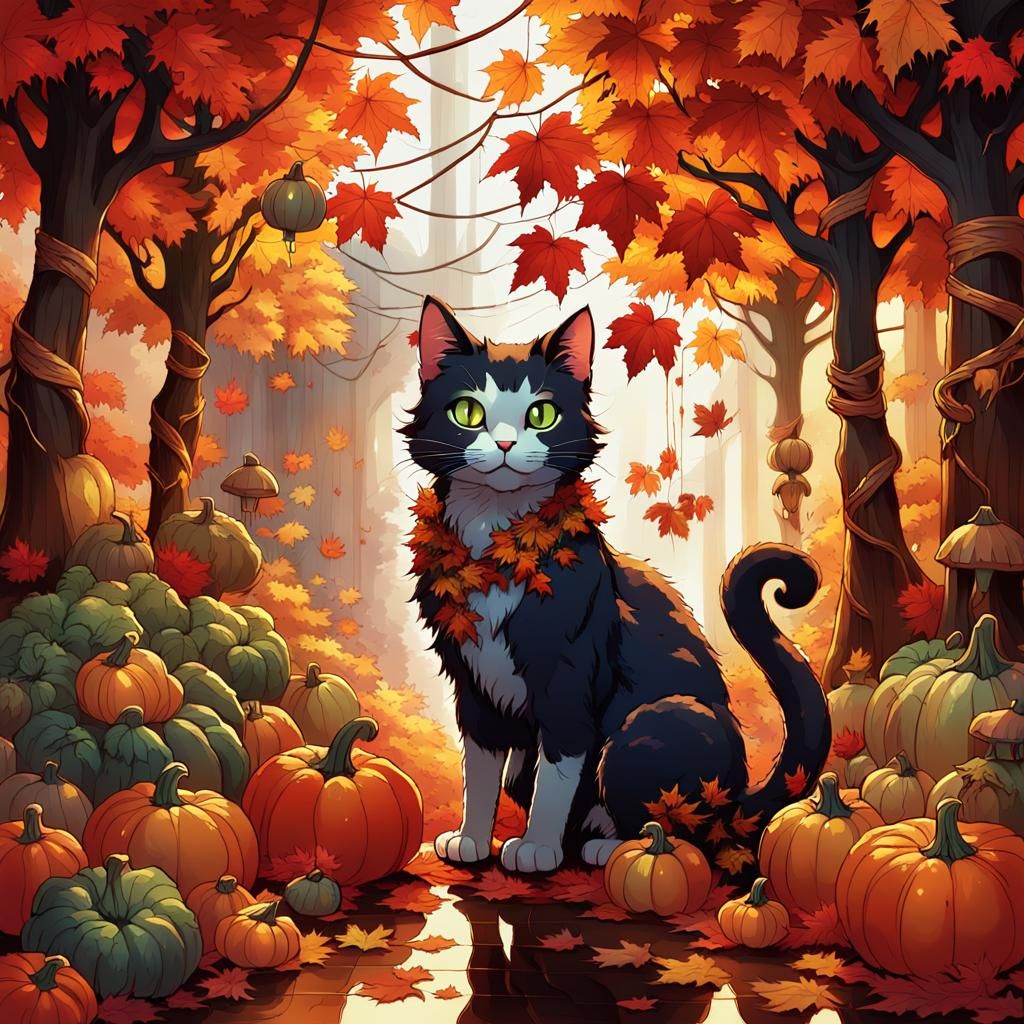 Maple Leaf Cat in Autumn Comic Art