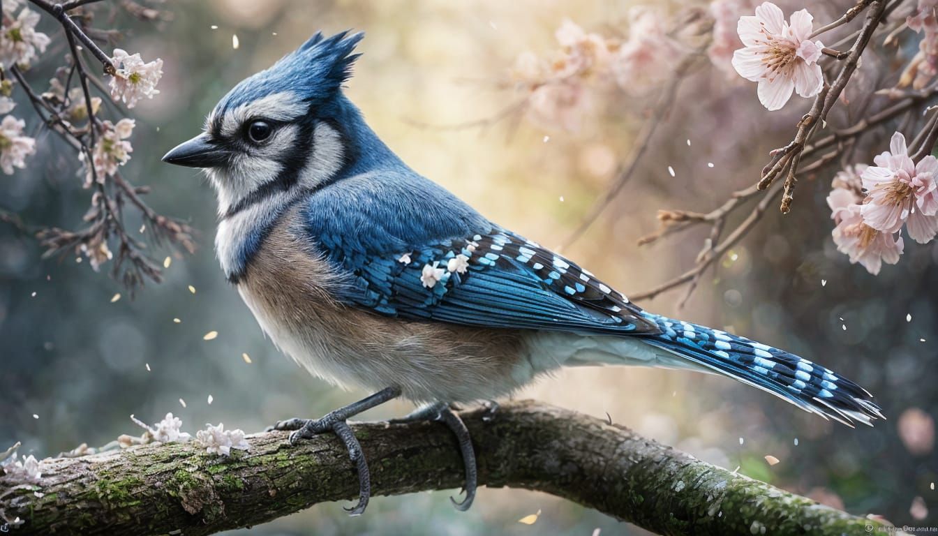 Blue Jay in Ethereal Sakura Night, Hyperdetailed