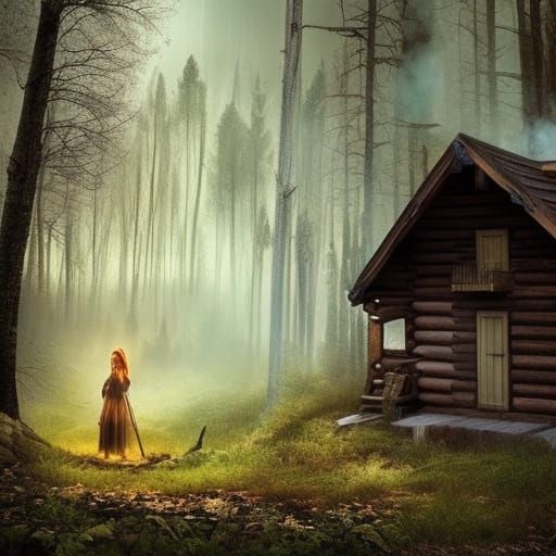 Enchanting Witch in Forest Cabin: Digital Matte Painting