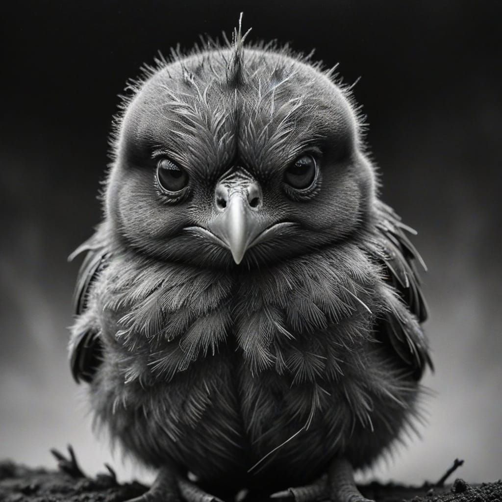 Hyperdetailed Charcoal Drawing of a Grumpy Chick