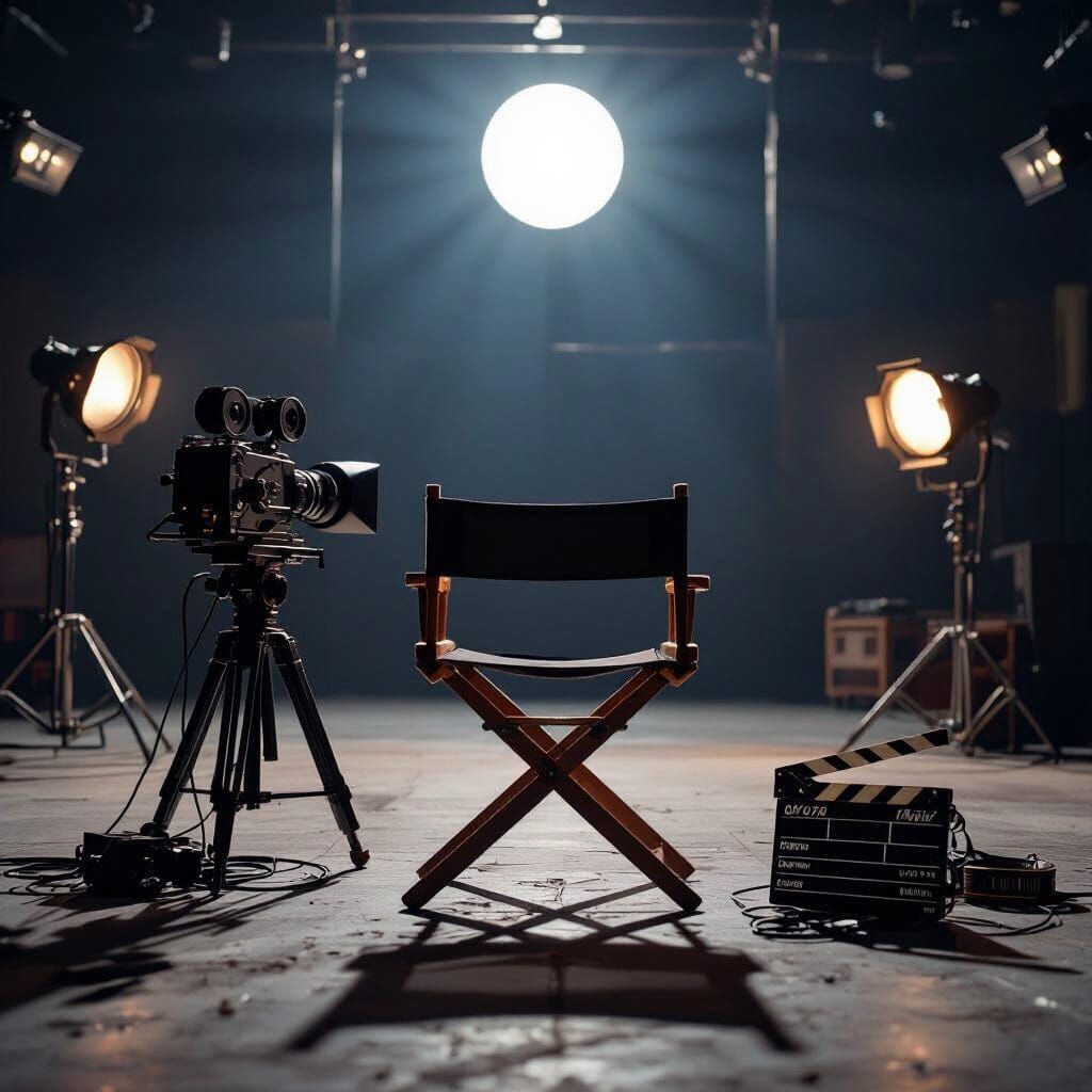 Empty Director's Chair in Film Studio with Vintage Camera
